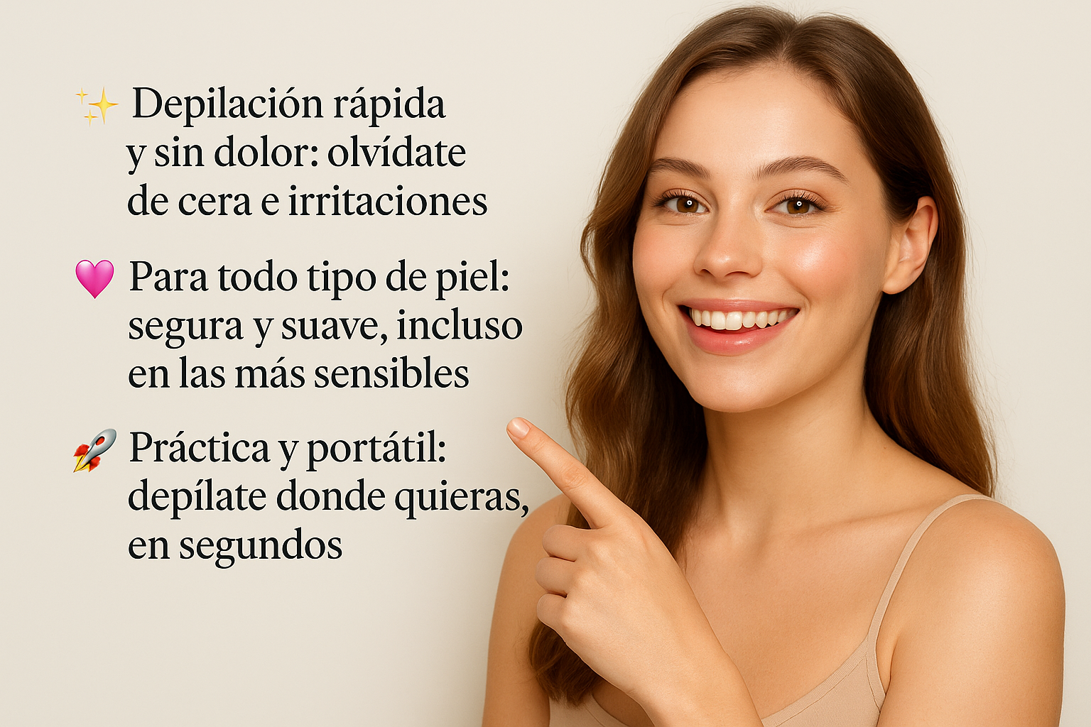 Necesito otra foto esta vez de una mujer de unos 25 años, tez clara pelo castaño claro, ojos miel que tenga una piel radiante y se vea feliz y señalando estos beneficios en un apartado de la imagen ✨ Depilación rápida y sin dolor: olvídate de cera e irritaciones.

💖 Para todo tipo de piel: segura y suave, incluso en las más sensibles.

🚀 Práctica y portátil: depílate donde quieras, en segundos.